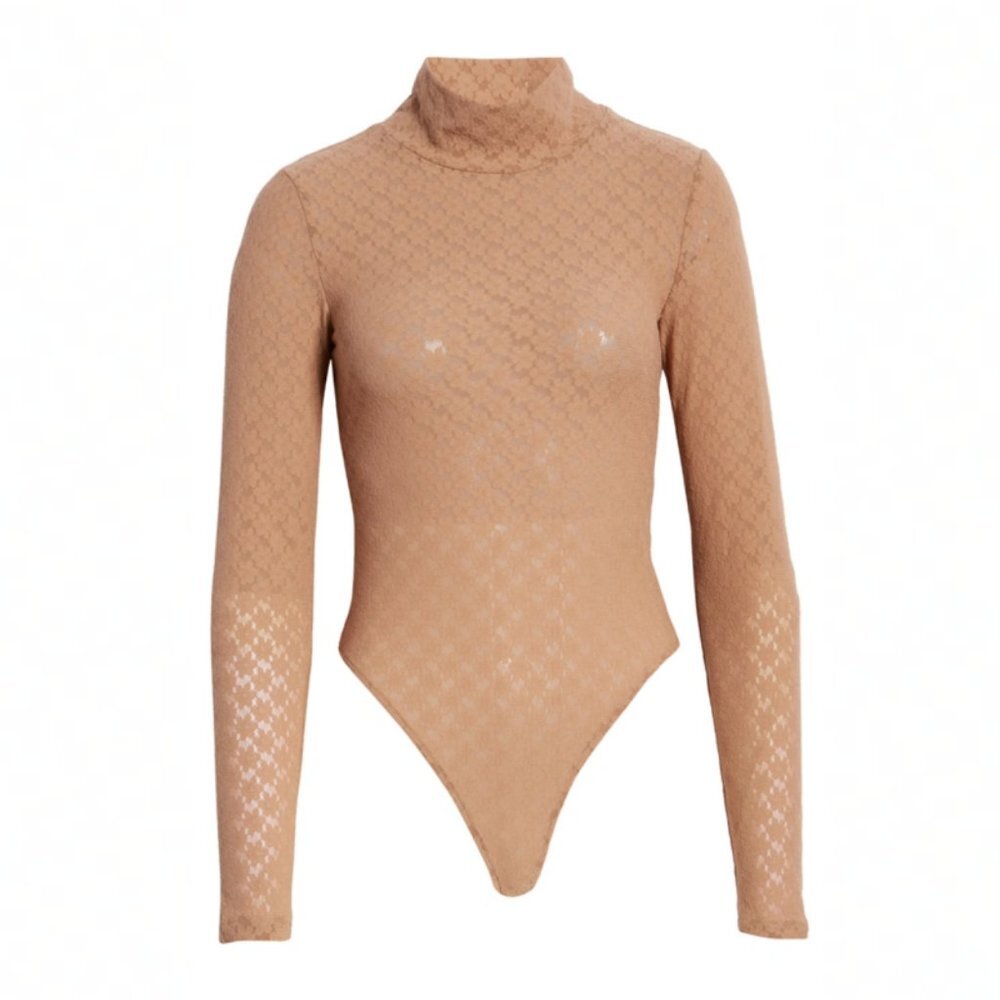 NEW Nordstrom Long Sleeve Lace Bodysuit Tan Size XS Open Edit Stretch Minimalist